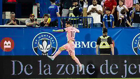 Inter Miami's Lionel Messi (10) celebrates after his goal during second-half MLS soccer match action against CF Montreal in Montreal