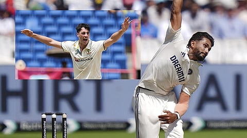 Nitish Reddy bowling. Pat Cummins in the box.