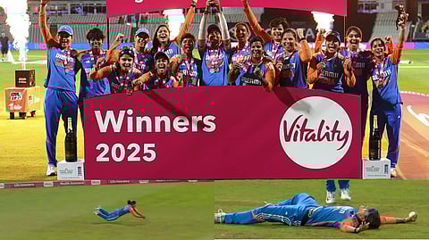 India won the T20 series. Radha Yadav caught the ball.