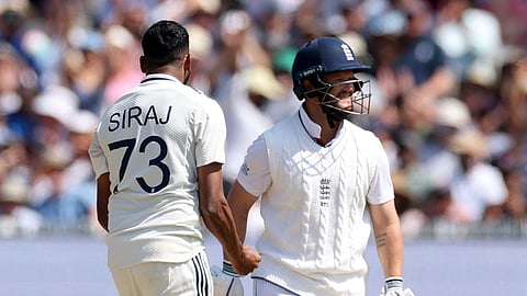 India's Mohammed Siraj, left, celebrates the dismissal of England's Ben Duckett, right, during the fourth day of the third cricket test