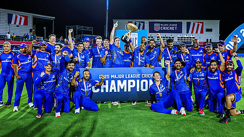 MI New York team with the Major League Cricket trophy