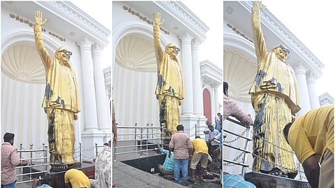கருணாநிதி சிலை மீது கறுப்பு பெயின்ட் வீச்சு