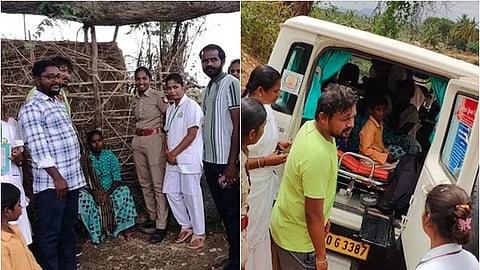 மருத்துவப் பரிசோதனைக்கு வர மறுத்த கா்ப்பிணியை ஆம்புலன்ஸில் அழைத்து செல்லும் மருத்துவக் குழுவினா்.