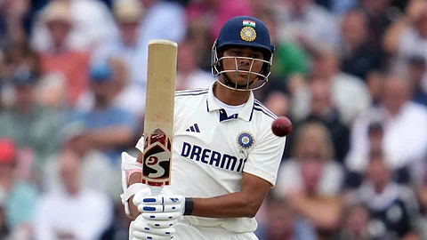 India's Yashasvi Jaiswal plays a shot during the fourth cricket test match between England and India at Emirates Old Trafford, Manchester