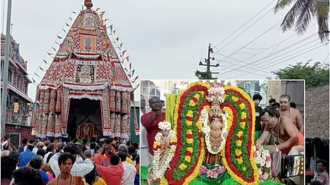 திருக்கடையூர் ஸ்ரீ அமிர்தகடேஸ்வரர் கோயில் தேரோட்டம் நடைபெற்றது. உள் படம் அபிராமி, சண்டிகேஸ்வரர், விநாயகர் சாமிகள்