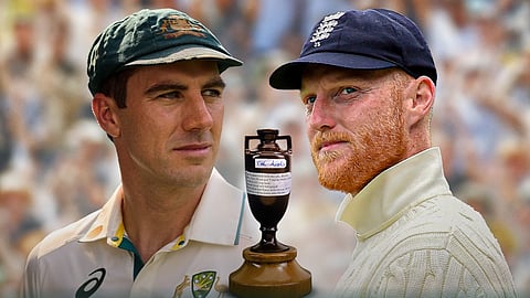 Aussie - England captains. Ashes trophy in the middle.