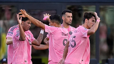 Inter Miami midfielder Telasco Segovia, left, celebrates with teammates after scoring his side's first goal during the first half of a Leagues Cup