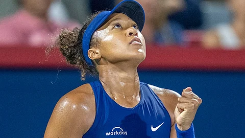 Naomi Osaka of Japan reacts during her semifinal tennis action against Clara Tauson of Denmark, at the National Bank Open in Montreal,