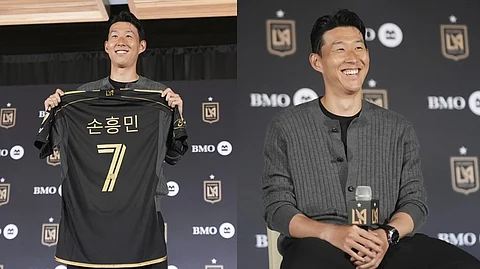 Son Heung-min, of South Korea, is introduced as a new member of Los Angeles FC during a press conference for the MLS soccer