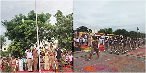 விழுப்புரம் மாவட்ட விளையாட்டு மேம்பாட்டு ஆணைய விளையாட்டு மைதானத்தில் தேசியக் கொடியை ஏற்றி வைத்து திறந்த ஜீப்பில் மாவட்ட எஸ்.பி. ப சரவணனுடன் சென்று அணிவகுப்பை பார்வையிட்ட ஆட்சியர் ஷேக் அப்துல் ரஹ்மான் .