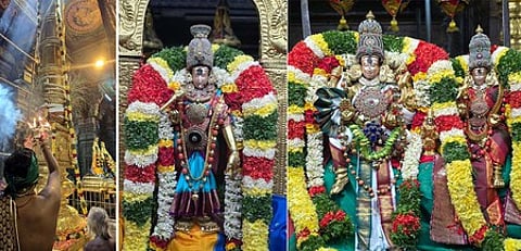 சிறப்பு அலங்காரத்தில் எழுந்தருளிய மீனாட்சி அம்மன். பிரியாவிடையுடன் சுந்தரேசுவரா்.