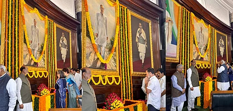 நாடாளுமன்றத்தில் ராஜீவ் காந்தி படத்துக்கு சோனியா, ராகுல் மலர்தூவி மரியாதை