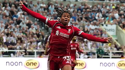 Liverpool's Rio Ngumoha celebrates after scoring his side's third goal during the English Premier League