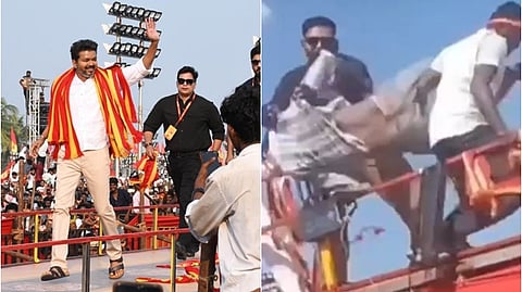 தவெக தலைவர் விஜய் / தவெகவின் மதுரை மாநாட்டில் தூக்கி வீசப்பட்ட இளைஞர்.