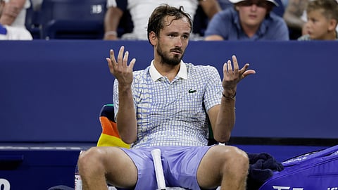 Daniil Medvedev, of Russia, reacts during a match against Benjamin Bonzi.