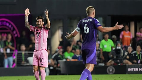 Inter Miami forward Lionel Messi (10) looks for a call from the officials during the first half of a Leagues Cup semifinal