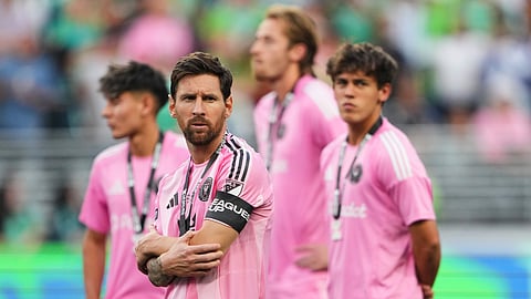 Inter Miami forward Lionel Messi looks on after losing a Leagues Cup final soccer match against the Seattle Sounders,