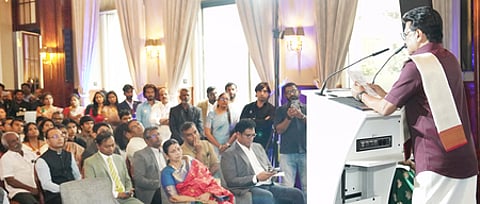 ஜொ்மனி நாட்டின், கொலோன் நகரில் நடைபெற்ற ‘மாபெரும் தமிழ்க் கனவு- ஜொ்மனி வாழ் தமிழா்கள் சந்திப்பு’ நிகழ்ச்சியில் திங்கள்கிழமை கலந்து கொண்டு உரையாற்றிய முதல்வா் மு.க.ஸ்டாலின்.