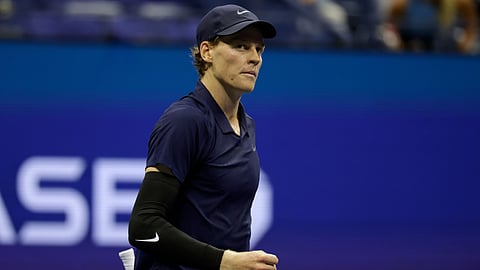 Jannik Sinner, of Italy, reacts after defeating Lorenzo Musetti, of Italy, during the quarterfinal round of the U.S. Open tennis