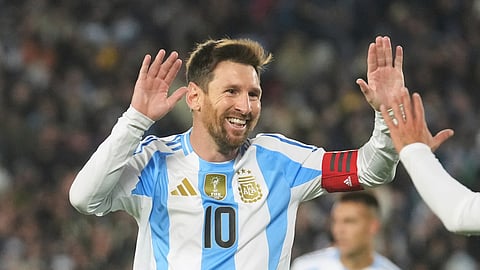 Argentina's Lionel Messi celebrates scoring his side's third goal against Venezuela during a World Cup 2026 qualifying soccer