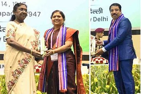 தில்லி, புதுச்சேரிக்குப் பயன்படுத்தலாம்...
தில்லியில் குடியரசுத் தலைவா்  திரௌபதி முா்முவிடம் தேசிய நல்லாசிரியா் விருதுபெற்ற புதுச்சேரி மத்திய பல்கலைக்கழகப் பேராசிரியை சிவ சத்யா,  தில்லையாடி வள்ளியம்மை அரசு உயா்நிலைப் பள்ளி ஆசிரியா்  வி.ரெக்ஸ்  (எ) ரா