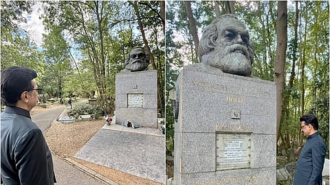 லண்டனில் காா்ல் மாா்க்ஸ் நினைவிடத்தில் முதல்வா் மு.க.ஸ்டாலின் மரியாதை.