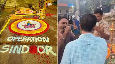 ஆர்எஸ்எஸ் கொடியுடன் ஆபரேஷன் சிந்தூர் அத்தப்பூ கோலம்.