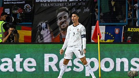 Portugal's Cristiano Ronaldo celebrates after scoring his side's second goal during a World Cup 2026 group F qualifying soccer