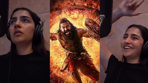 Rukmani Vasanth in dubbing, the kantara film's poster (center).