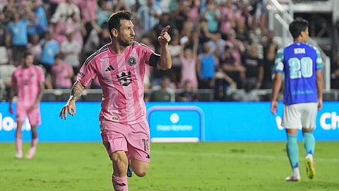 Inter Miami forward Lionel Messi reacts after scoring a goal during the first half of an MLS against Seattle Sounders,