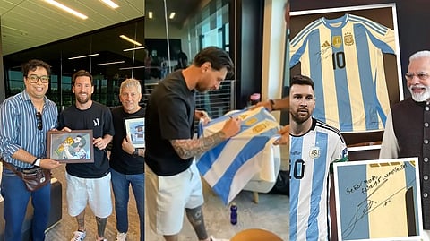 Messi's gift to Modi his signed jersey. Satadru Dutta is the promotor.