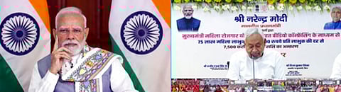 பிகாரில் செயல்படுத்தப்படும் ‘முதல்வரின் மகளிா் வேலைவாய்ப்புத் திட்டத்தை’ தில்லியிலிருந்து காணொலி மூலம் வெள்ளிக்கிழமை தொடங்கிவைத்த பிரதமா் நரேந்திர மோடி. (வலது) பாட்னாவில் நடைபெற்ற விழாவில் பங்கேற்ற முதல்வா் நிதீஷ் குமாா்.