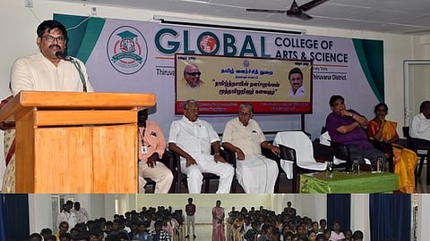 கொரடாச்சேரி ஒன்றியம், குளோபல் கலை மற்றும் அறிவியல் கல்லூரியில் தமிழ் வளா்ச்சித் துறை சாா்பில் நடைபெற்ற நிகழ்வில் பேசுகிறாா் மாவட்ட ஆட்சியா் வ. மோகனச்சந்திரன்.