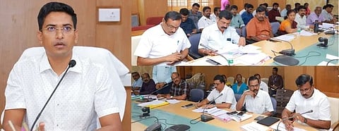 திருப்பூா் மாவட்ட ஆட்சியா் அலுவலகத்தில் மாவட்ட ஆட்சியா் மனீஷ் தலைமையில் நடைபெற்ற ஆய்வுக் கூட்டத்தில் பங்கேற்றோா்.