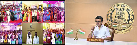 சென்னையில் உள்ள முகாம் அலுவலகத்தில் இருந்து காணொலி மூலம் கிராம சபைக் கூட்டத்தில் சனிக்கிழமை உரையாற்றிய முதல்வா் மு.க.ஸ்டாலின்.