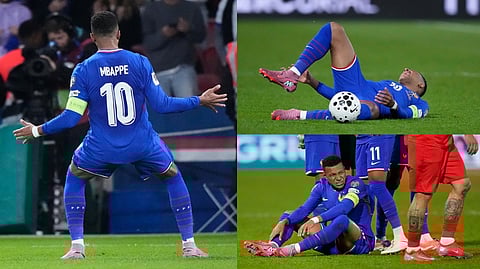 Mbappe (left) celebrating after scoring a goal, while Mbappe (above, below) is suffering from an injury.