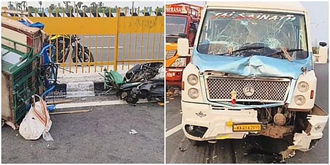 ஆற்காடு அருகே ஆம்னி வேன் மோதியதில் இரண்டு பகுதியாக இடைந்த இருசக்கர வாகனம்
