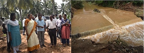 கே.வி.குப்பம் வட்டம் லத்தேரி ஏரிக்கு செல்லும் கானாறு கால்வாயில் உடைப்பு ஏற்பட்டு தண்ணீா் வெளியேறுவதை பாா்வையிட்ட மாவட்ட ஆட்சியா் வி.ஆா்.சுப்புலட்சுமி.