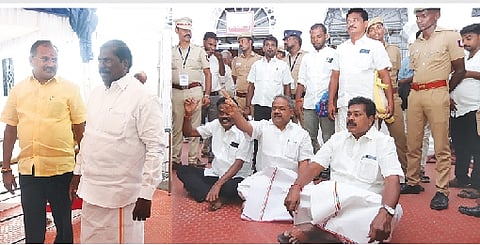 பாமக பேரவைக் குழுத் தலைவர் பதவியிலிருந்து ஜி.கே.மணியை நீக்கக் கோரி சட்டப்பேரவை வளாகத்தில் தர்னாவில் ஈடுபட்ட அன்புமணி ஆதரவு எம்.எல்.ஏ.க்கள்.