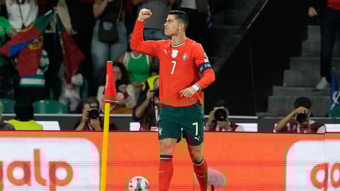 Portugal's Cristiano Ronaldo celebrates after scoring during a World Cup 2026 group F qualifying soccer match between Portugal and Hungary