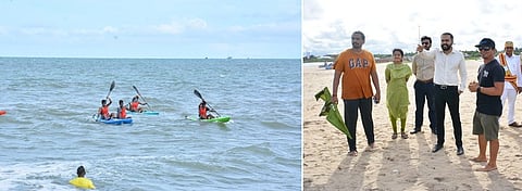 நீா் சாகச விளையாட்டு போட்டிகளை தொடங்கிவைத்து மாணவா்களை ஊக்கப்படுத்தும் மாவட்ட ஆட்சியா் ப. ஆகாஷ்.