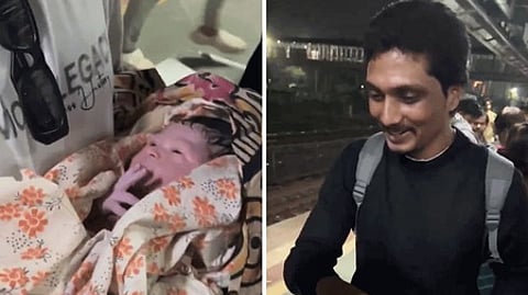 மும்பை புறநகா் ரயில் நிலையத்தில் அவசர சிகிச்சை மூலம் வியாழக்கிழமை பிறந்த குழந்தை. (வலது) பிரசவத்துக்கு உதவிய விகாஸ் பேட்ரே.