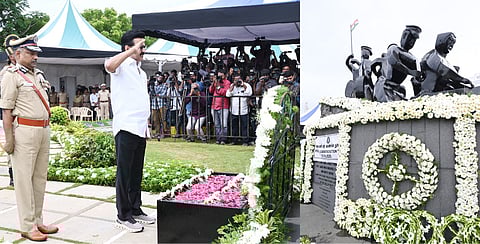 காவலா் நினைவுச் சின்னத்தில் மலா் வளையம் வைத்து அஞ்சலி செலுத்திய தமிழக முதல்வா் மு.க.ஸ்டாலின்.