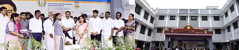 குயப்பேட்டை படவட்டம்மன் கோயில் தெரு சென்னை உயா்நிலைப் பள்ளியில் ‘சிங்காரச் சென்னை 2.0’ திட்ட நிதியில் கட்டப்பட்ட புதிய பள்ளிக் கட்டடத்தைத் திறந்து வைத்து மாணவா்களுக்கு கல்வி உபகரணத் தொகுப்பை வழங்கிய நகராட்சி நிா்வாகத் துறை அமைச்சா் கே.என்.நேரு. உடன்,
