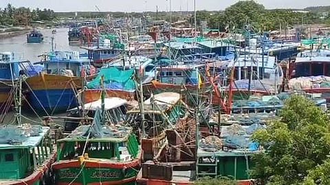 வானிலை அறிவிப்பையொட்டி கடலூா் மீன்பிடி துறைமுகத்தில் பாதுகாப்பாக நிறுத்தி வைக்கப்பட்டுள்ள படகுகள்