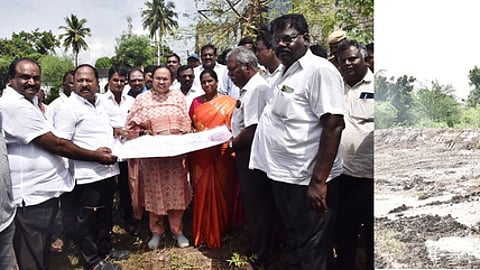 லிங்குன்றம் கிராமத்தில் உடைந்த கால்வாய் சீரமைக்கும் பணியை ஆய்வு செய்த ஆட்சியா் வி.ஆா்.சுப்புலட்சுமி.