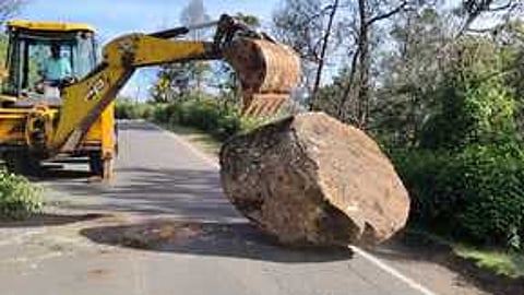 கொடைக்கானல் கிளாவரை செல்லும் மலைச்சாலையில் உருண்டு விழுந்த பாறைகளை அகற்றும் பணியில் ஈடுபடுத்தப்பட்ட பொக்லைன் இயந்திரம்.