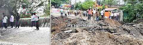 நெல்லூா்பேட்டை ஏரியிலிருந்து வெளியேறும் உபரிநீா். துண்டிக்கப்பட்டதேசிய நெடுஞ்சாலை (வலது).