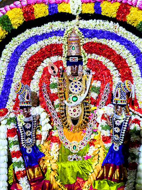 திருக்கல்யாண உற்சவத்தில் நன்செய் இடையாறு திருவேலீஸ்வரா் கோயில் உள்ள வள்ளி,தெய்வானை சமேத சுப்பிரமணியா்.