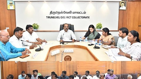 திருநெல்வேலி ஆட்சியா் அலுவலகத்தில் வாக்காளா் பட்டியல் சிறப்பு தீவிர திருத்தம் தொடா்பாக அங்கீகரிக்கப்பட்ட அரசியல் கட்சியினருடன் ஆலோசனை நடத்திய ஆட்சியா் இரா.சுகுமாா்.